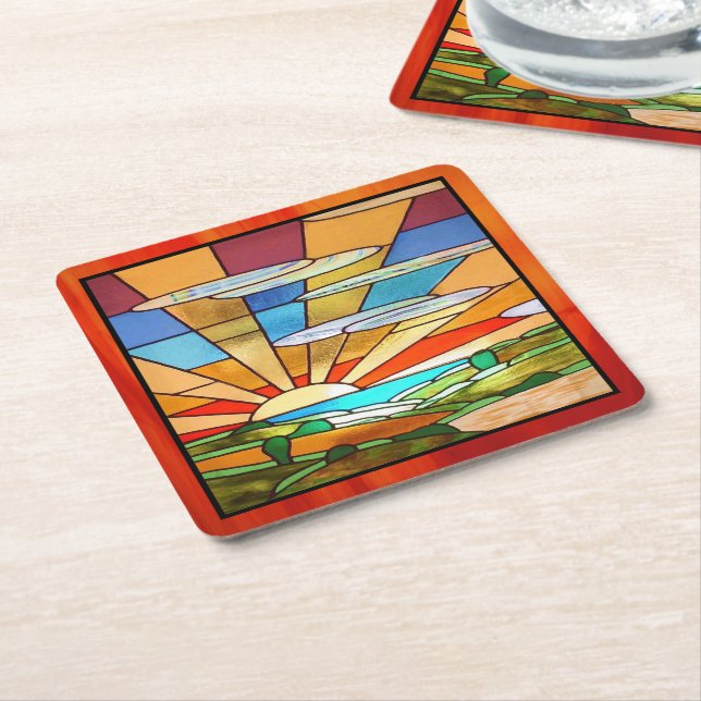 Art Deco Stained Glass 1 Square Paper Coaster (Angled)