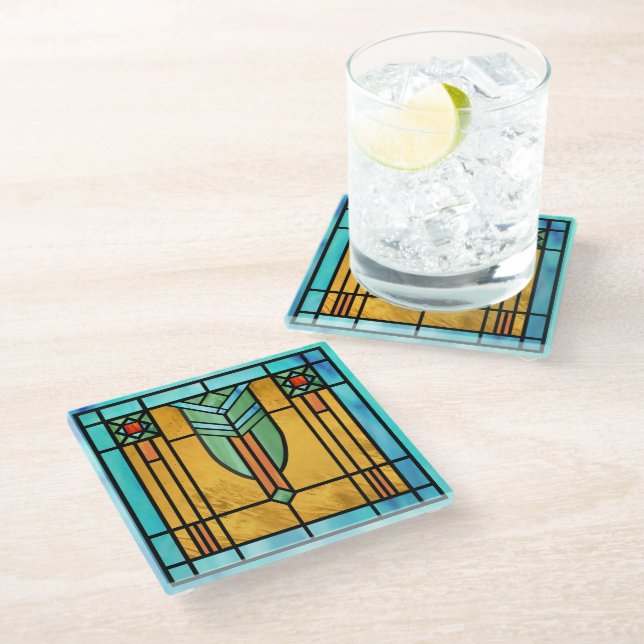 Art Deco Stained Glass 3 Glass Coaster (Angled)