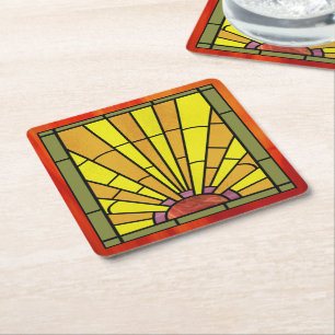 Art Deco Stained Glass 3 Square Paper Coaster