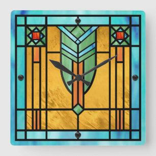 Art Deco Stained Glass 3 Square Wall Clock