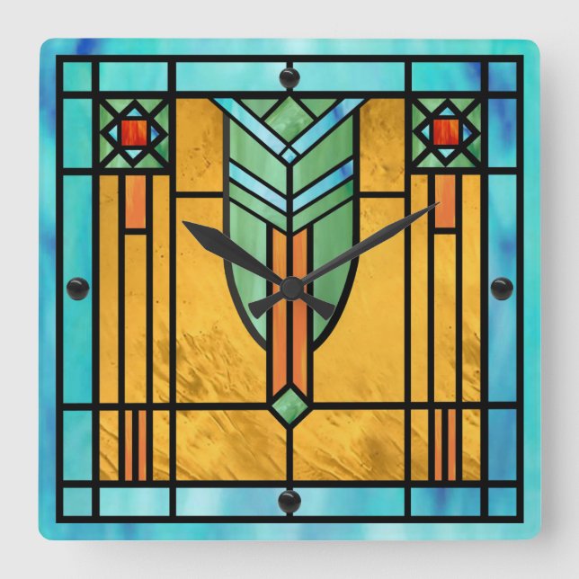 Art Deco Stained Glass 3 Square Wall Clock (Front)