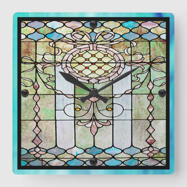 Art Deco Stained Glass 4 Square Wall Clock (Front)