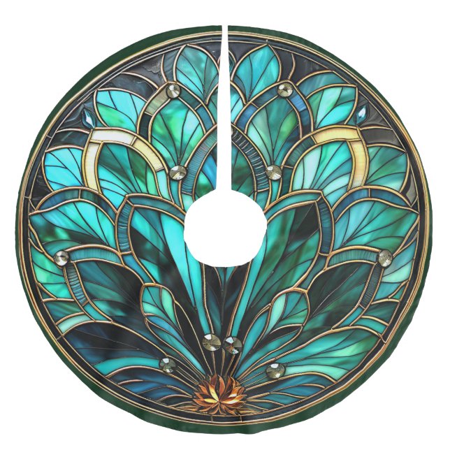 Art Deco Stained Glass Green Turquoise Gold Brushed Polyester Tree Skirt (Front)