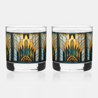 Art Deco Stained Glass in Gold Green Black