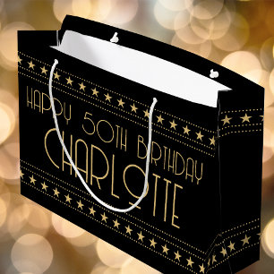 Art Deco Star Custom Age Name Black Gold Large Gift Bag