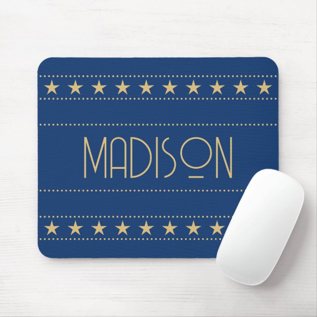 Art Deco Star Custom Name Blue Gold Mouse Pad (With Mouse)