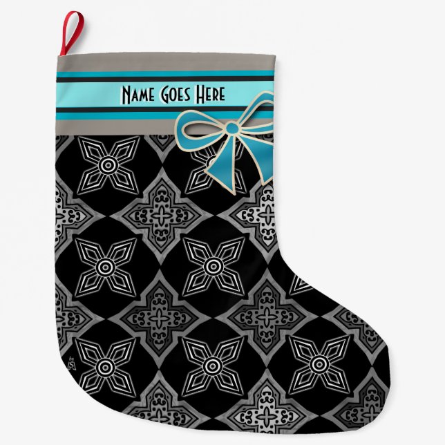Art Deco Star Flowers Black Grey Aqua Personalised Large Christmas Stocking (Front)