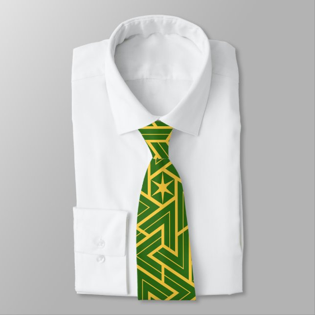 Art Deco Star Triangle Pattern - Green and Gold Tie (Tied)