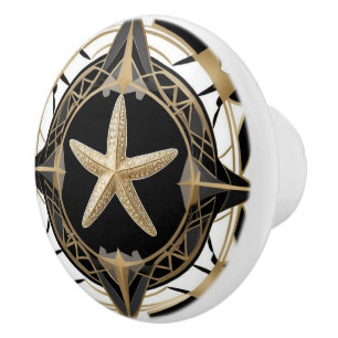 Art Deco Starfish Sea Star Black White and Gold Ceramic Knob