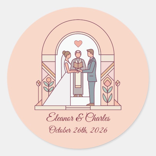 Art Deco Storybook Wedding Classic Round Sticker (Front)