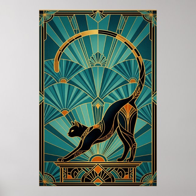 Art Deco Stretching Black Cat Wall Art (Front)
