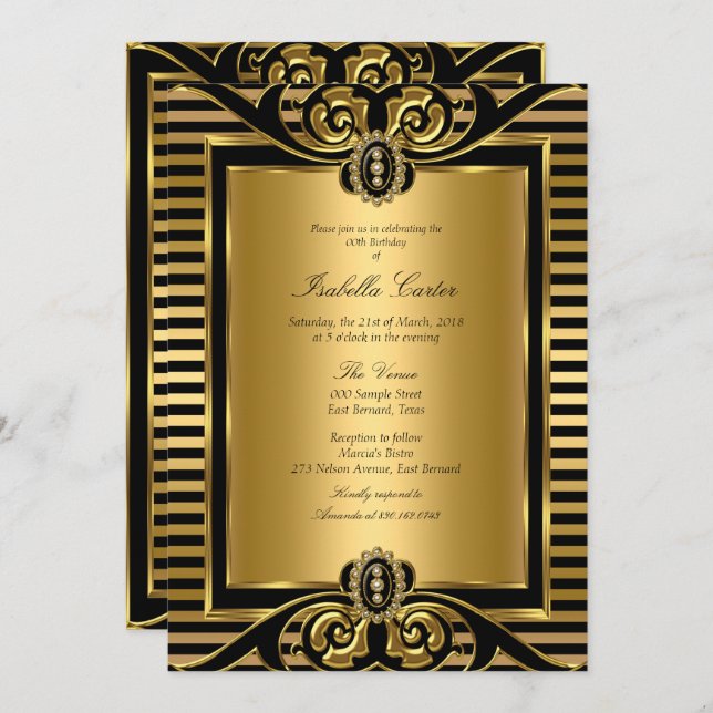 Art Deco Stripe Gold Black Birthday Party 2 Invitation (Front/Back)