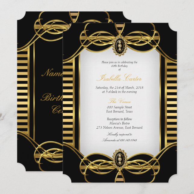 Art Deco Stripe Golden Black White Birthday Party Invitation (Front/Back)