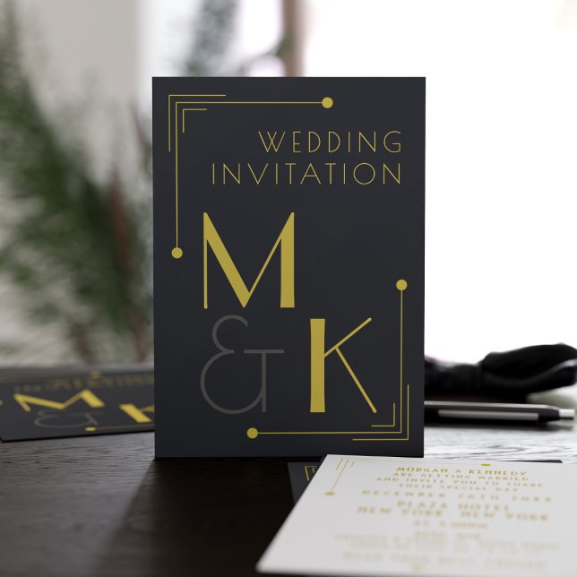 Art Deco Style 1920 Black Gold Wedding Invitations (A black and gold 1920's vibe Gatsby Wedding style invitation. Add the details of yours)