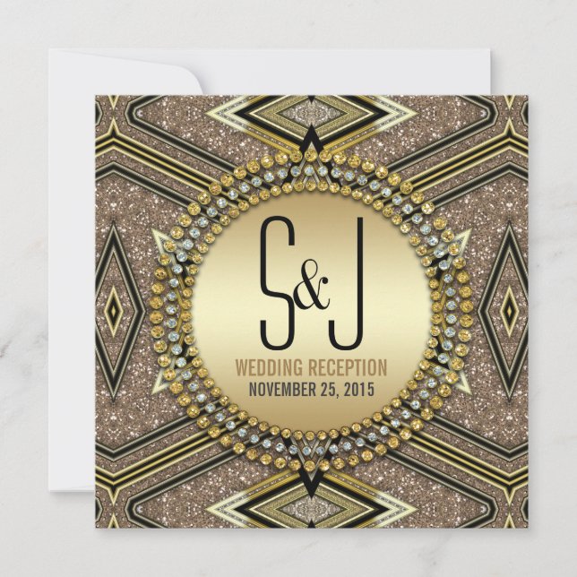 Art Deco Style Black Gold Wedding Reception Invite (Front)