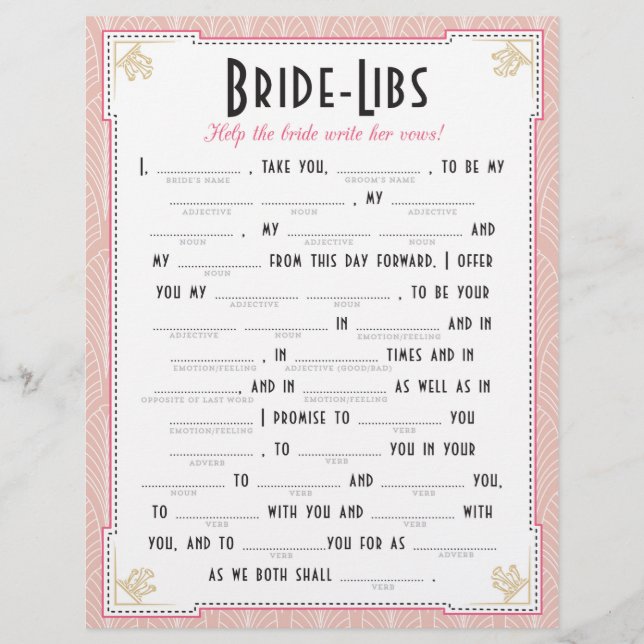 Art Deco Style Bride Libs Game (Front)