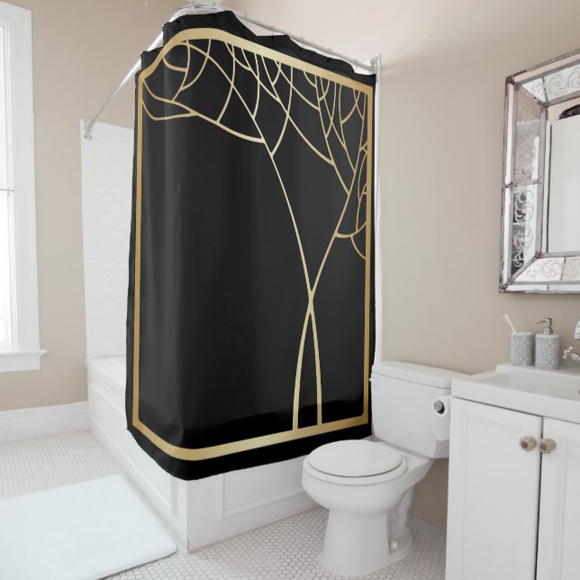 Art deco style faux gold tree with frame on black shower curtain (In Situ)
