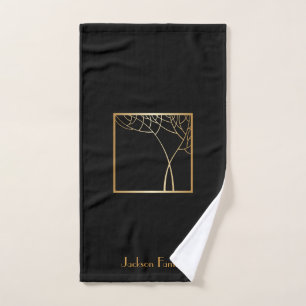 Art deco style faux gold trees on black name bath towel set