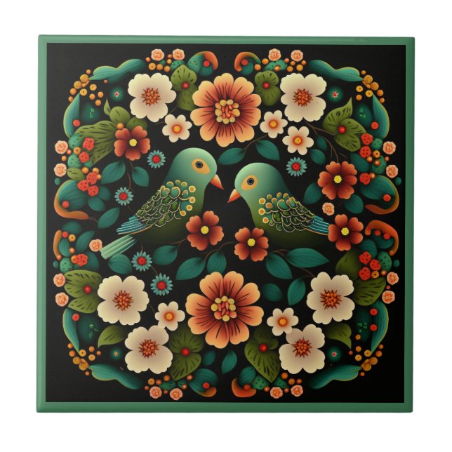 Art deco style flower pattern bird ceramic tile (Front)