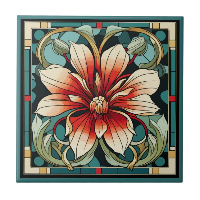 Art deco style flower pattern ceramic tile (Front)