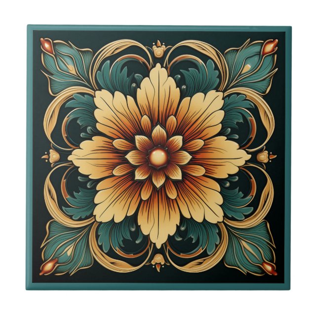 Art deco style flower pattern ceramic tile (Front)