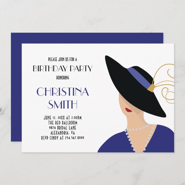 Art Deco Style Girl in Black Hat Birthday Party Invitation (Front/Back)