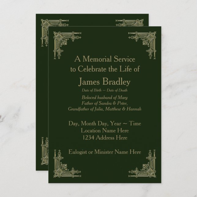 Art Deco Style Green Memorial Service Invitation (Front/Back)