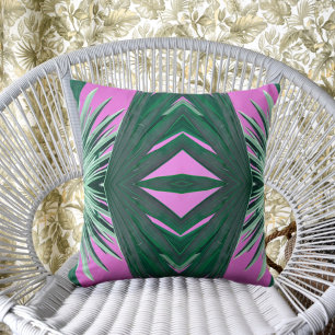 Art Deco Style Green Palm Fronds Pink Cushion