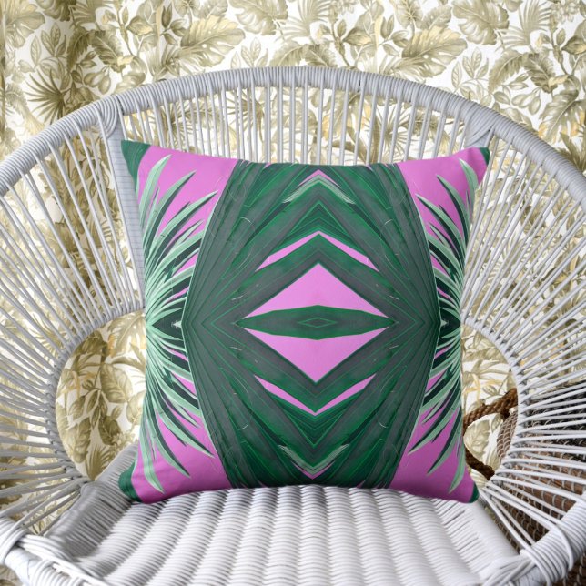 Art Deco Style Green Palm Fronds Pink Cushion (Creator Uploaded)