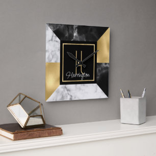 Art Deco Style Marble and Gold Monogrammed Square Wall Clock