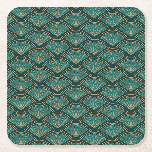Art Deco style pattern in teal green colour Square Paper Coaster (Front)