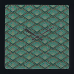 Art Deco style pattern in teal green colour  Square Wall Clock<br><div class="desc">Abstract geometric wavy pattern in Art Deco style on with teal green and copper coloured waves and fan decoration on dark teal green colour background</div>