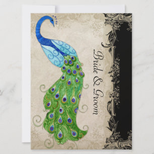 Art Deco Style Peacock Black n Cream Vintage Lace Invitation
