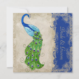 Art Deco Style Peacock Royal Blue Vintage Lace Invitation