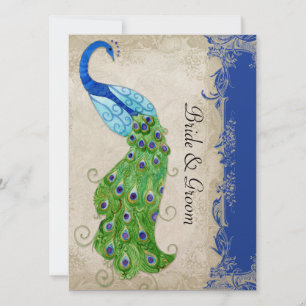 Art Deco Style Peacock Royal Blue Vintage Lace Invitation