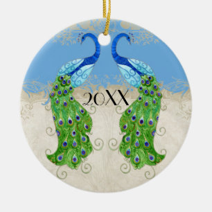 Art Deco Style Peacock Sky Blue Vintage Lace Ceramic Ornament