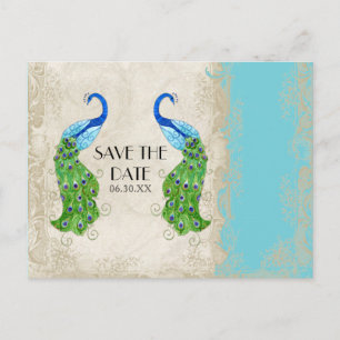 Art Deco Style Peacock Turquoise Vintage Lace Announcement Postcard