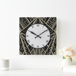 Art Deco Style Sketch in Black and Gold Square Wall Clock