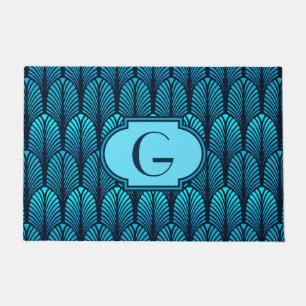 Art Deco Stylised Feather, Turquoise and Navy Doormat