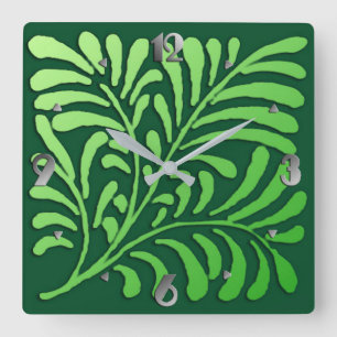 Art Deco Stylised Fern, Shades of Green Square Wall Clock