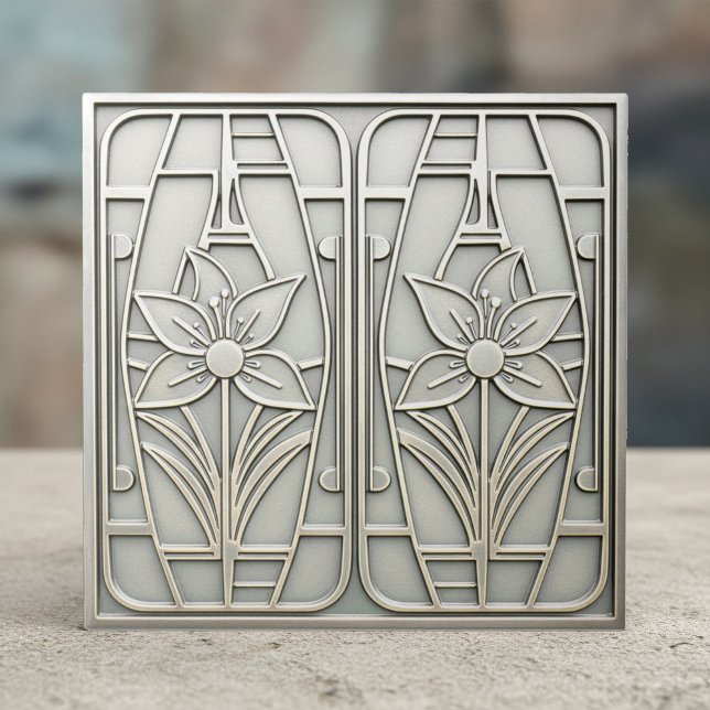 Art Deco Stylized Lily Floral #10 Silver ID1196 Ceramic Tile (Creator Uploaded)
