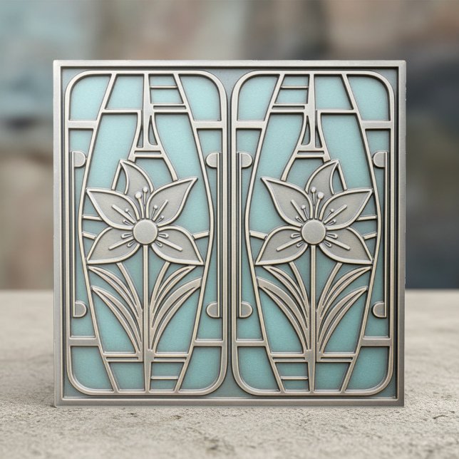 Art Deco Stylized Lily Floral #10 Teal ID1196 Ceramic Tile (Creator Uploaded)