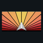 Art deco sun dawn poster<br><div class="desc">A classic art deco style sun pattern in dawn colours. 

An iconic pattern of the sun rising from behind a stylised art deco shaped building. A simple yet elegant design,  true to the era.</div>
