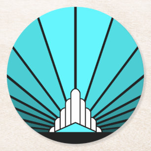 Art deco sun in aqua round paper coaster
