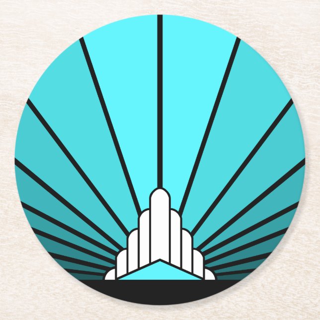 Art deco sun in aqua round paper coaster (Front)