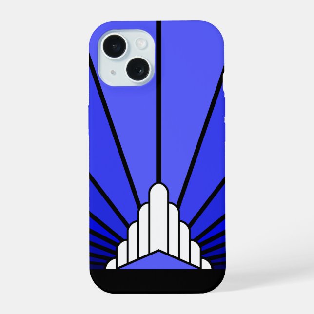 Art deco sun in blue iPhone 15 case (Back)