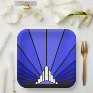 Art deco sun in blue Paper Plate