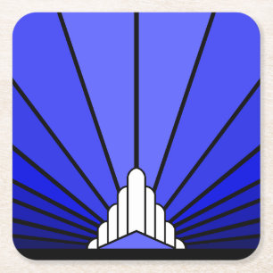 Art deco sun in blue square paper coaster