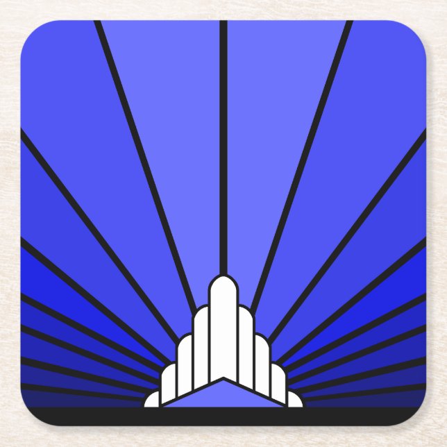 Art deco sun in blue square paper coaster (Front)