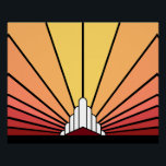 Art deco sun in dawn poster<br><div class="desc">A classic art deco style sun pattern in dawn colours. 

An iconic pattern of the sun rising from behind a stylised art deco shaped building. A simple yet elegant design,  true to the era.</div>